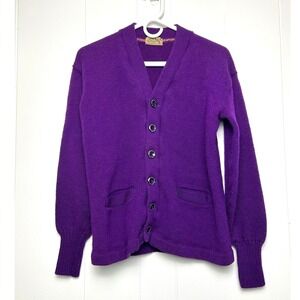 Vintage 100% Pure Wool Purple V-Neck Cardigan Sweater Women's M english winter